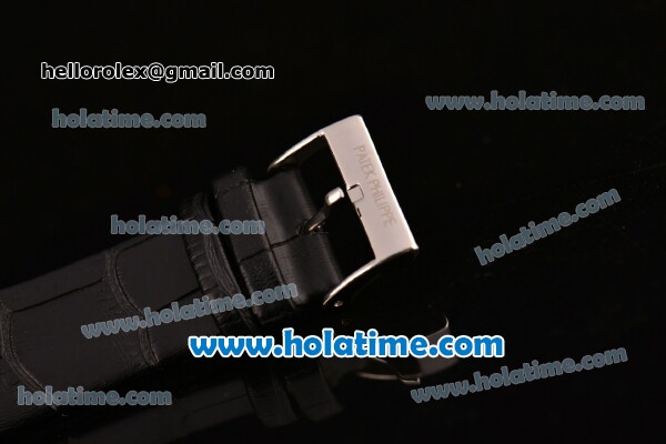 Patek Philippe Gondolo Japanese Miyota Quartz Steel Case with Black Leather Bracelet Stick Markers and Black Dial - Click Image to Close